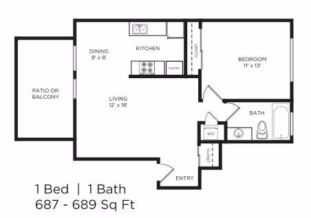 1 Bed 1 Bath B 103-103C1 floor plan